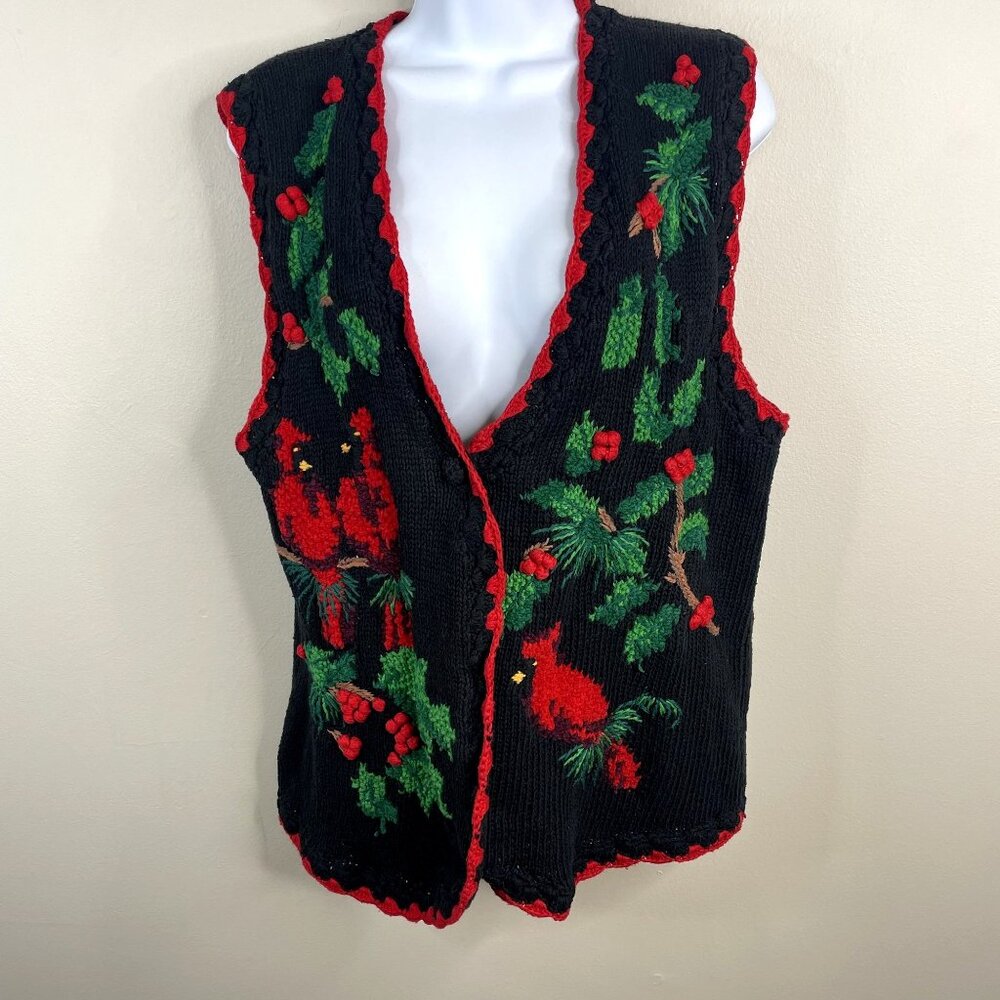 Bechamel Black V-Neck Sweater Vest with Red and Green Holiday Motif